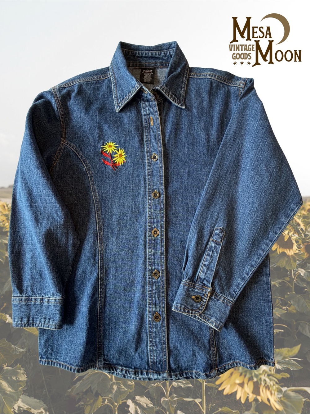 Vintage Denim Button-Up Shirt with Sunflower Embroidery